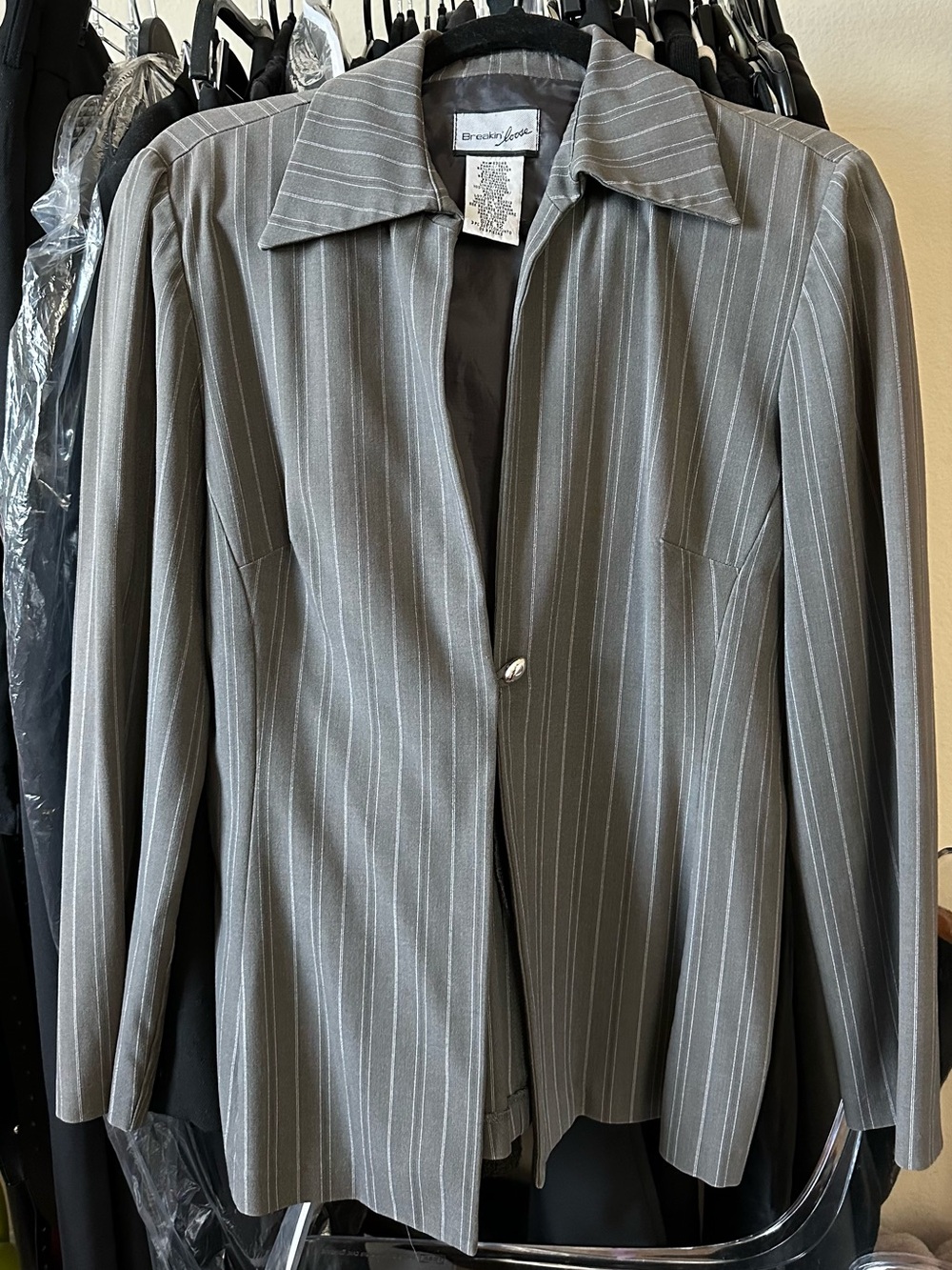 VINTAGE Y2K Chic Office Siren Gray Pinstripe Blazer Jacket Size-L